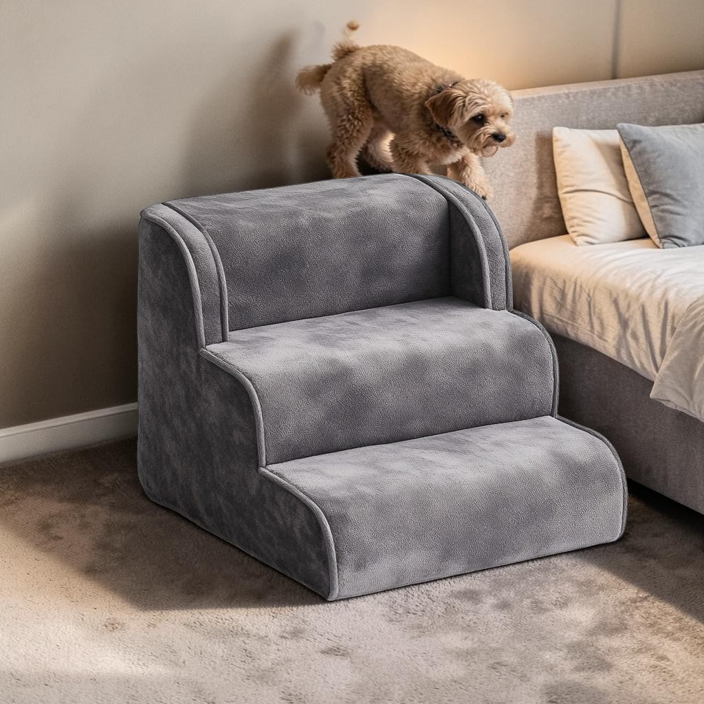 Nwjkx Pet Stairs - 3-Step Non-Slip Support Ladder for Small Dogs & Cats - Orthopedic Foam Design for Joint Health - Washable Cover