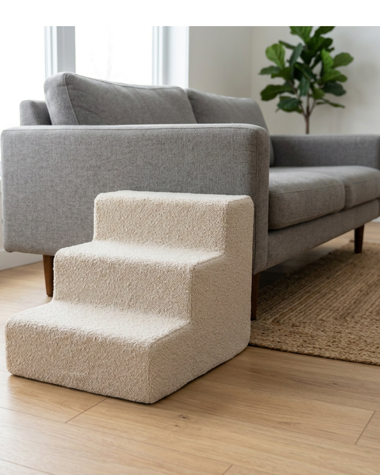 Nwjkx Three Step Low-Rise Foam Pet Stair Boucle Oatmeal - Lifestyle view